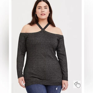 Torrid Black Metallic PULLOVER CROSS NECK COLD SHOULDER SWEATER 1X (14-16)